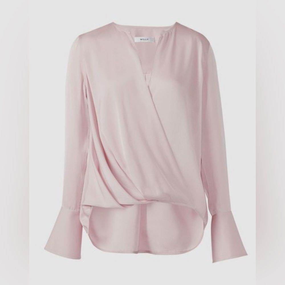 Milly Women Elysa Silk Surplice Blouse Size S Pink Old Money Romantic Modest